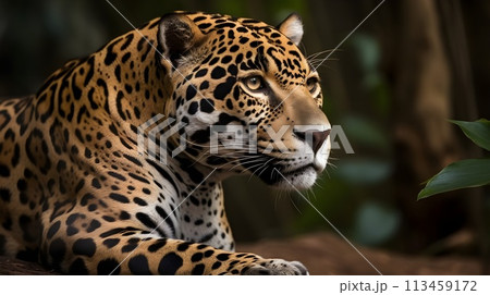 Ferocious carnivore leopard sit and relaxed and stare at something with nature background. 113459172