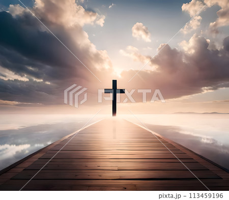 Silhouette of Christian cross appear at the end of the jetty dock at the clear cloudy sky atmosphere for peace and spiritual symbol of Christian people. Inspiration, resurrection hope and concept. Silhouette of Christian cross appear at the end of the jetty dock at the clear cloudy sky atmosphere for peace and spiritual symbol of Christian people. Inspiration, resurrection hope and concept. 113459196