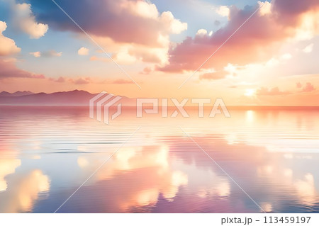 Landscape of beautiful dreamy clear blue and orange cloudy sky between calm and the mountain at the horizon, reflection on the sea as background and backdrop. 113459197