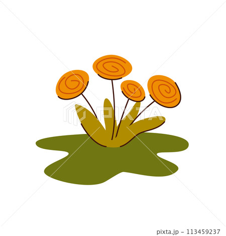 cute dandelion consisting of simple shapes, bush of yellow flowers with leaves 113459237