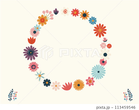 カラフルな花の円形フレーム 113459546