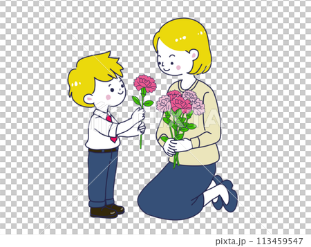Illustration of a boy giving a carnation on Mother's Day Illustration of a boy giving a carnation on Mother's Day 113459547