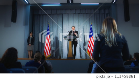 Confident republican politician delivers successful speech Confident republican politician delivers successful speech 113459861