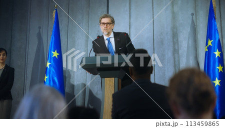 Mature representative of European Union performs at conference 113459865