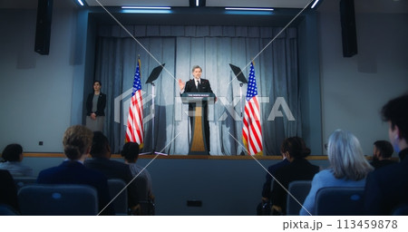 Confident republican politician delivers successful speech 113459878