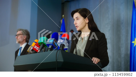 Female representative of the European Union during press conference Female representative of the European Union during press conference 113459902