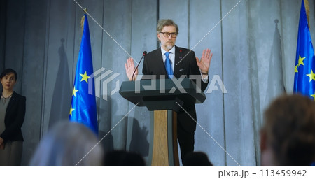 Mature representative of European Union performs at conference 113459942