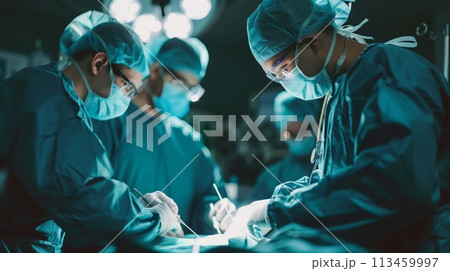 Surgeons in electric blue scrubs perform surgery in a dark operating room 113459997