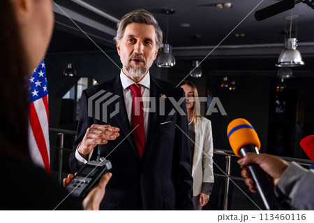 Irritated President of the United States of America answers journalists questions Irritated President of the United States of America answers journalists questions 113460116