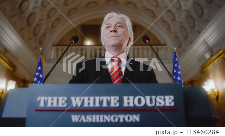 New President of the United States smiles and gestures during press campaign New President of the United States smiles and gestures during press campaign 113460284