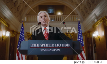 US government representative gives political speech at press conference US government representative gives political speech at press conference 113460319