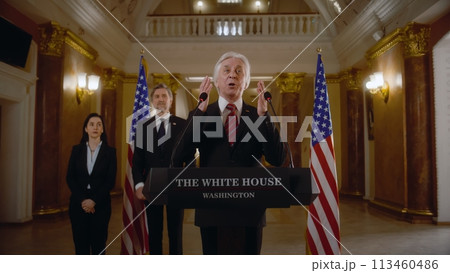 President of the United States pronounces political speech in White House 113460486