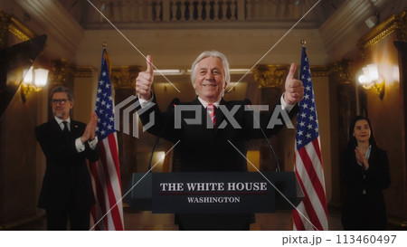 US President smiles, shows thumbs up during press conference US President smiles, shows thumbs up during press conference 113460497