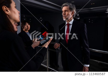 Confident diplomat or businessman talks with news journalists 113460587