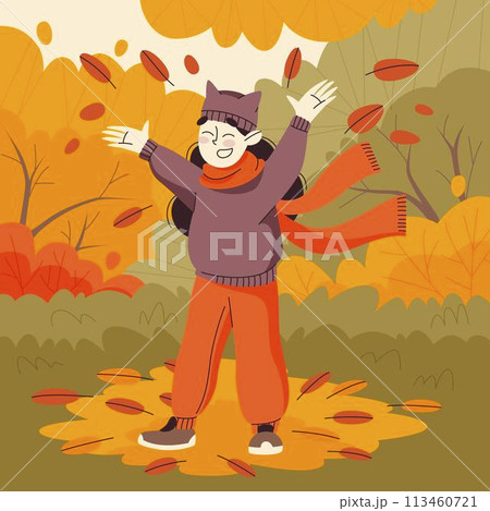 Hand drawn flat autumn illustration with happy woman outdoors Hand drawn flat autumn illustration with happy woman outdoors 113460721