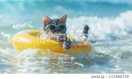 A cat in yellow sunglasses and with a swim ring around her waist enjoys a summer vacation 113460729