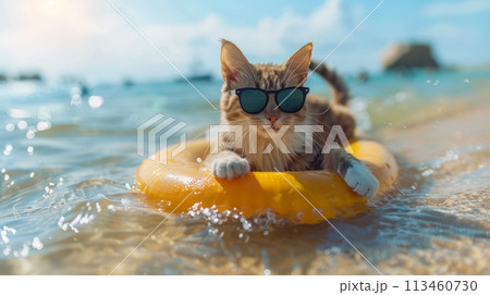 A cat in yellow sunglasses and with a swim ring around her waist enjoys a summer vacation 113460730