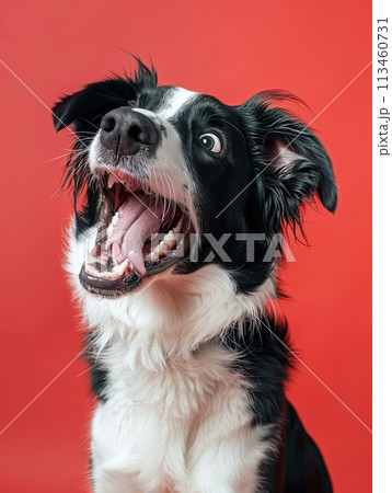 Playful border collie with a hilarious shocked expression and open mouth, set against a vivid red background 113460731