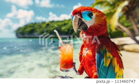 A vibrant parrot with a refreshing drink perched by a tropical resort pool, tropical vacation luxury and enjoyment. 113460747