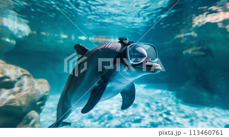 A playful dolphin equipped with a VR headset underwater, a whimsical concept combining technology and marine life 113460761