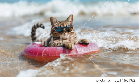 A cat in sunglasses and with a swim ring around her waist enjoys a summer vacation 113460762