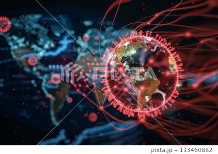 global spread of a virus, with lines connecting continents on a dark earth globe, pinpointing outbreak hotspots 113460882