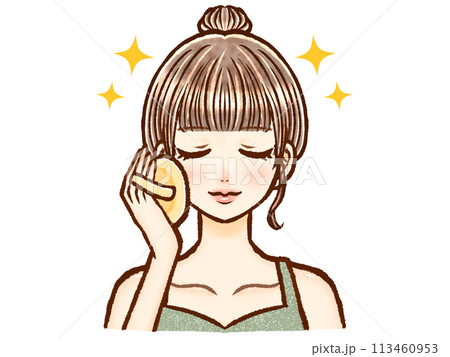 パフでお化粧するお団子ヘアーの大人女性のイラスト素材2 パフでお化粧するお団子ヘアーの大人女性のイラスト素材2 113460953