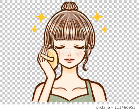 パフでお化粧するお団子ヘアーの大人女性のイラスト素材2 パフでお化粧するお団子ヘアーの大人女性のイラスト素材2 113460953