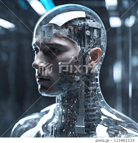 A transparent humanoid robot showing a complex array of inner workings. 113461133