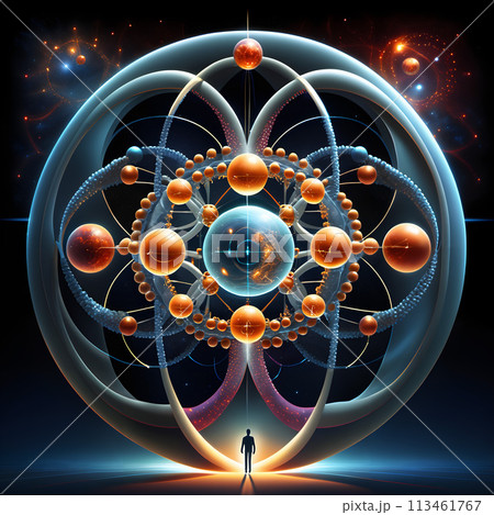 Silhouette Before the Cosmic Mandala, A Dance of Atoms and Celestial Mystique. 113461767