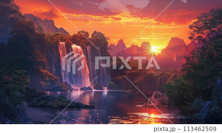 Sunset Over Waterfall Painting Sunset Over Waterfall Painting 113462509