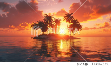 Small Island With Palm Trees in the Middle of the Ocean Small Island With Palm Trees in the Middle of the Ocean 113462539