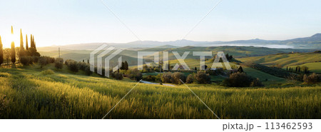Panorama of landscape with sunrise in Tuscany, Italy Panorama of landscape with sunrise in Tuscany, Italy 113462593