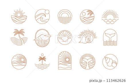 Bohemian linear logos, icons and symbols, sea, ocean, beach and surfing. Sun, seashell and palm 113462626