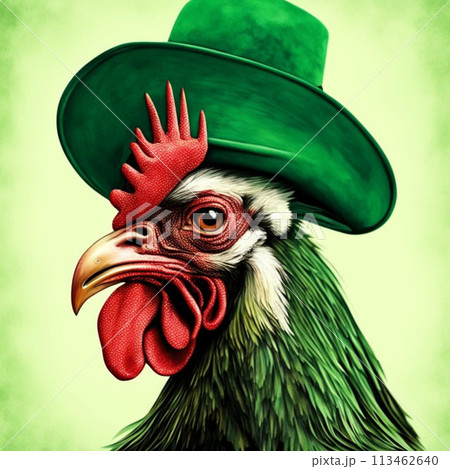 A portrait of a rooster wearing a green hat on a green background 113462640