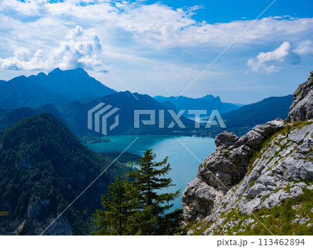 View of Attersee lake from Klettersteig mountain, Austria. Attersee Lake from alp mountain Klettersteig. Salzburgerland, Austria. 113462894