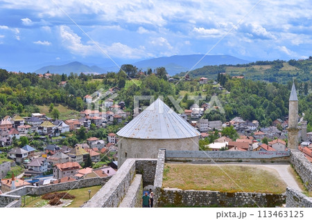 Old castle in Travnik. Panoramic view over Travnik in Bosnia and Herzegovina during summer. Top destination Old castle in Travnik. Panoramic view over Travnik in Bosnia and Herzegovina during summer. Top destination 113463125