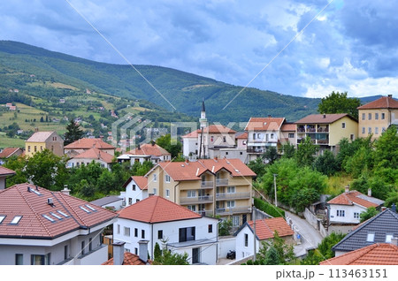 Old castle in Travnik. Panoramic view over Travnik in Bosnia and Herzegovina during summer. Top destination Old castle in Travnik. Panoramic view over Travnik in Bosnia and Herzegovina during summer. Top destination 113463151
