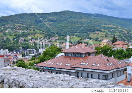 Old castle in Travnik. Panoramic view over Travnik in Bosnia and Herzegovina during summer. Top destination Old castle in Travnik. Panoramic view over Travnik in Bosnia and Herzegovina during summer. Top destination 113463153