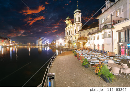 Fabulous historic city center of Lucerne with famous buildings and promenade during night. 113463265