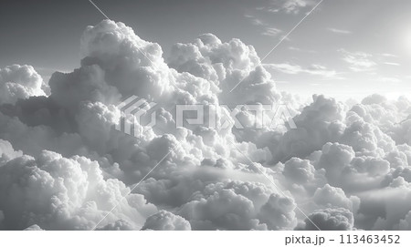 Monochrome photo of cloudy sky with cumulus clouds 113463452