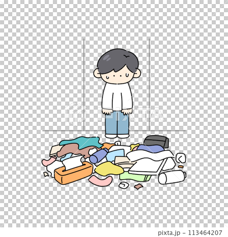 A man who is troubled by a messy room 113464207