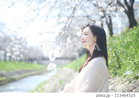 川辺で花見をする女性 113464325