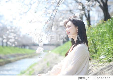 川辺で花見をする女性 113464327