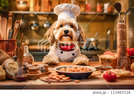 dog in a chef's hat and apron, surrounded by cooking utensils and ingredients ai generated art 113465526