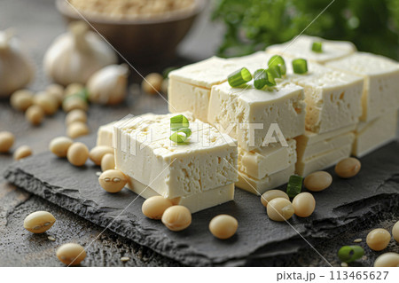 Tofu with green onion and soybeans on slate plate, closeup 113465627