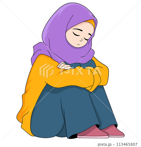 Muslim girl wearing a hijab is sitting pensively sad 113465807