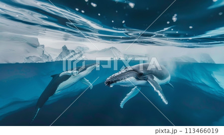 Two Humpback Whales Swimming With Icebergs in Antarctica 113466019