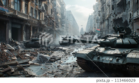 Devastated City Street With Tanks Devastated City Street With Tanks 113466029