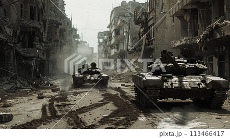Military Tanks Driving Down Street Military Tanks Driving Down Street 113466417